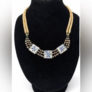 Vintage Boho Beaded Statement Necklace Earthy Stone Wood Shell